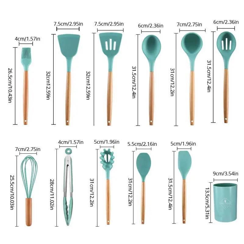 12Pcs/Set Wooden Handle Silicone Kitchen Utensils With Storage Bucket High Temperature Resistant And Non Stick Pot Spatula Spoon - megapoint.com